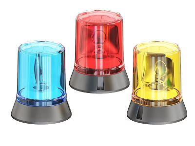 Three Colored Warning Lights With Transparent Covers And Black Bases 3d model