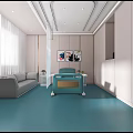 Modern Hospital Room Interior With Blue Flooring Bed TV And Cabinets