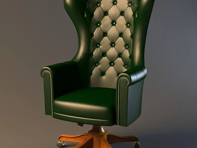 Green Leather Office Chair with Tufted Backrest Wooden Base and Wheels 3d model
