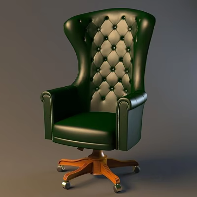 Green Leather Office Chair with Tufted Backrest Wooden Base and Wheels 3d model