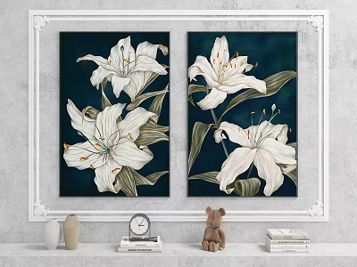 Botanical Paintings of White Lilies with Dark Background Framed Wall Art Decor 3d model