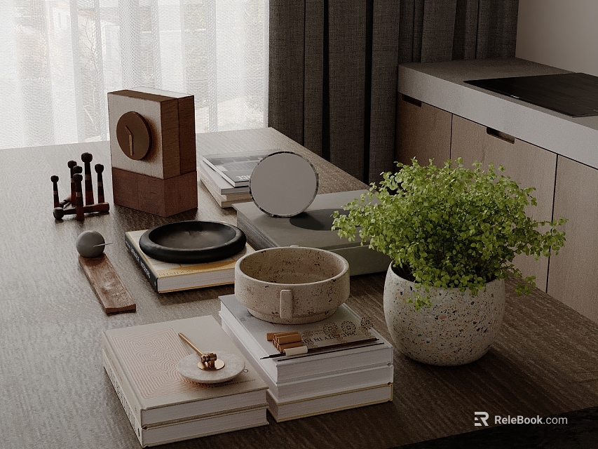 Creative Inflatable Decorative Pieces On Wooden Table With Books And Green Plants 3d model 