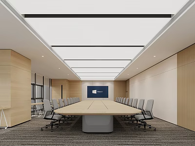 Modern Conference Room Interior With Long Meeting Table Multiple Chairs Wall Screen And Wooden Walls 3d model