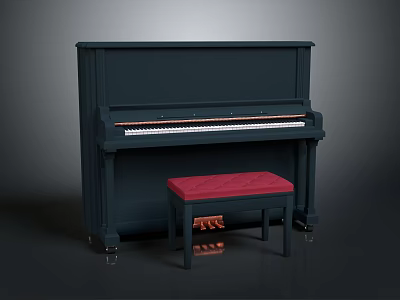 Elegant Dark Blue Upright Piano Musical Instrument With Red Cushioned Stool And Keys 3d model