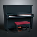 Elegant Dark Blue Upright Piano Musical Instrument With Red Cushioned Stool And Keys