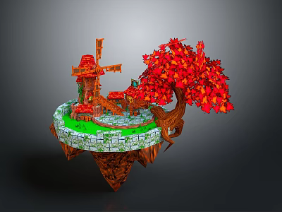 Floating Island Scene With Windmill Red Tree Green Grass And Stone Wall 3d model