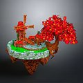 Floating Island Scene With Windmill Red Tree Green Grass And Stone Wall