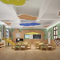 Kindergarten Interior With Cloud Shaped Ceiling Light Green Walls Tree Patterns Tables Chairs And Slide 3d model