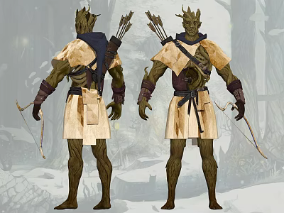 Fantasy Game Movie Character With Green Skin Horned Head Light Robe And Bow Weapon 3d model