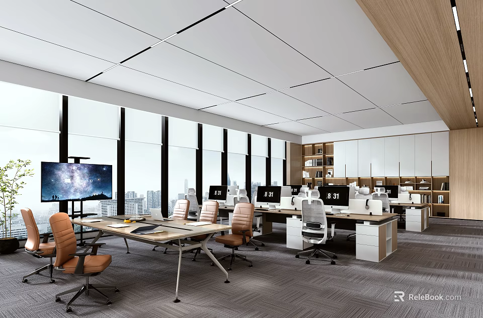 Modern Public Office Interior Design With Desks Ergonomic Chairs And Large Windows 3d model 