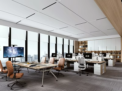 Modern Public Office Interior Design With Desks Ergonomic Chairs And Large Windows 3d model