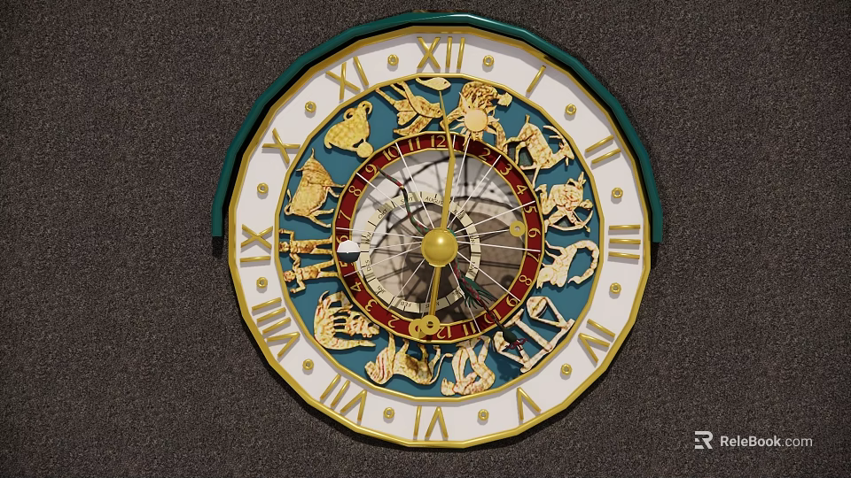 Decorative Zodiac Clock With Roman Numerals Gold Zodiac Signs Green Frame White Dial And Ornate Design 3d model 