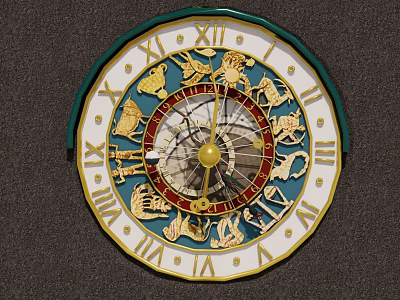 Decorative Zodiac Clock With Roman Numerals Gold Zodiac Signs Green Frame White Dial And Ornate Design 3d model