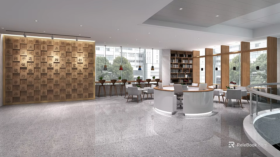 Modern Lounge Area Interior With Wooden Wall Bookshelves Tables Chairs And Floor to Ceiling Windows 3d model 