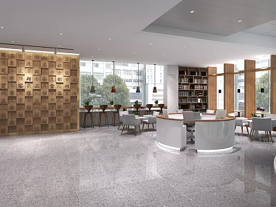 Modern Lounge Area Interior With Wooden Wall Bookshelves Tables Chairs And Floor to Ceiling Windows 3d model