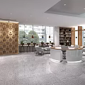 Modern Lounge Area Interior With Wooden Wall Bookshelves Tables Chairs And Floor to Ceiling Windows