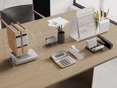 Organized Office Desk Setup With Folders File Holder Calculator Pencil Holder Stapler And Papers 3d model