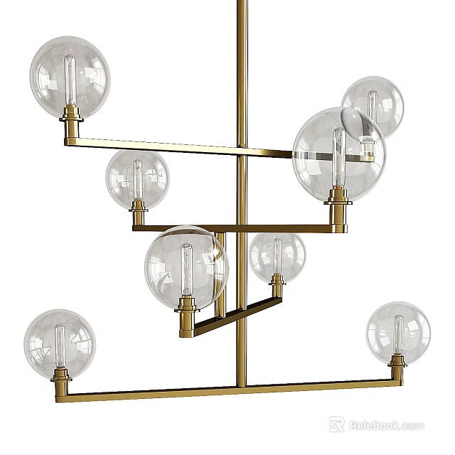 Modern Chandelier With Branched Golden Metal Frame And Transparent Glass Globe Bulbs 3d model 