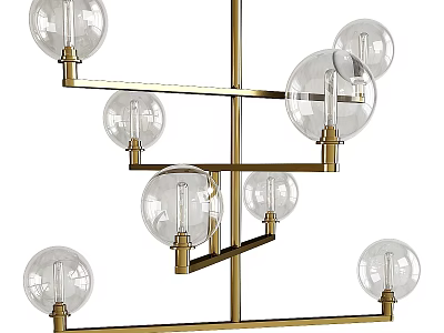 Modern Chandelier With Branched Golden Metal Frame And Transparent Glass Globe Bulbs 3d model