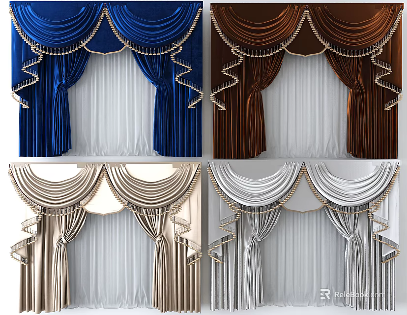 Elegant Luxurious Curtains In Blue Brown Gold Silver With Golden Trim Details 3d model 