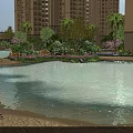 Garden Landscape With High-Rise Residential Buildings Palm Trees Green Plants Flowers And Swimming Pool