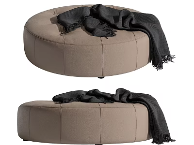 Modern Round Beige Leather Ottoman with Soft Black Throw Blanket on Top 3d model