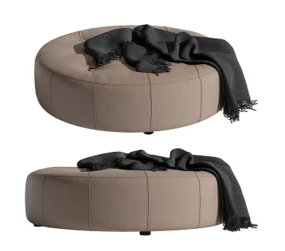 Modern Round Beige Leather Ottoman with Soft Black Throw Blanket on Top 3d model