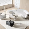 Modern Minimalist Sofa and Coffee Table Set with White Upholstery Round Table and Area Rug