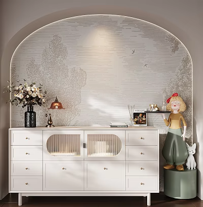 Modern Console and Side Cabinet with Arched Textured Wall Decorative Vase Lamp Figurine 3d model