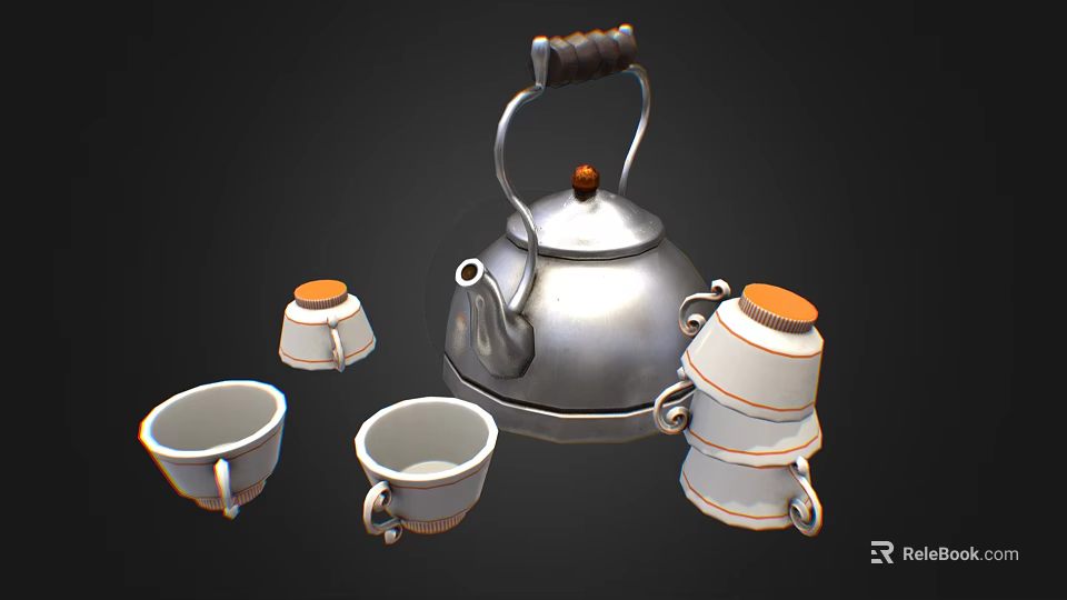 Silver Tea Set with Wooden Handle and White Orange Rim Cups 3d model 