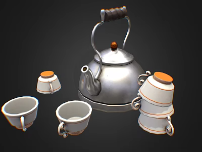 Silver Tea Set with Wooden Handle and White Orange Rim Cups 3d model