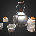 Silver Tea Set with Wooden Handle and White Orange Rim Cups