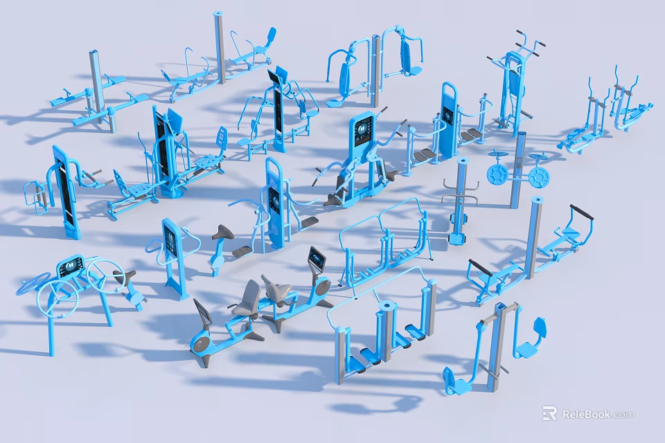 3D Rendered Various Blue Fitness Equipment With Different Types of Machines Arranged Together 3d model 