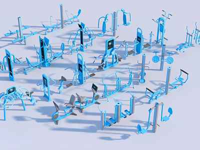 3D Rendered Various Blue Fitness Equipment With Different Types of Machines Arranged Together 3d model