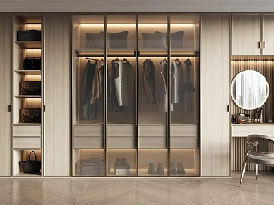 Modern Sliding Glass Door Wardrobe Interior With Hanging Clothes Shoes Storage Lighting And Mirror 3d model