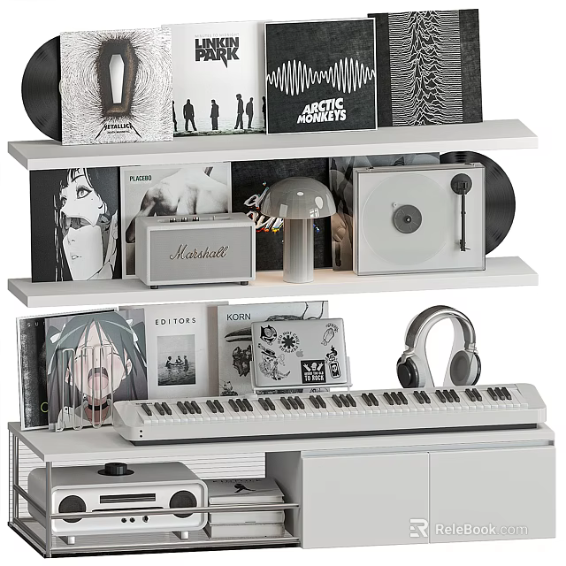 Music Room Decor With Vinyl Records Keyboard Headphones Turntable Posters And Lamp 3d model 