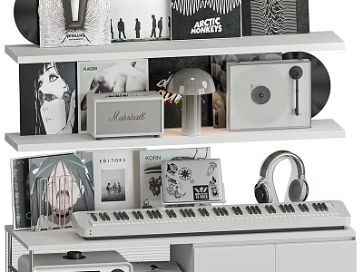 Music Room Decor With Vinyl Records Keyboard Headphones Turntable Posters And Lamp 3d model