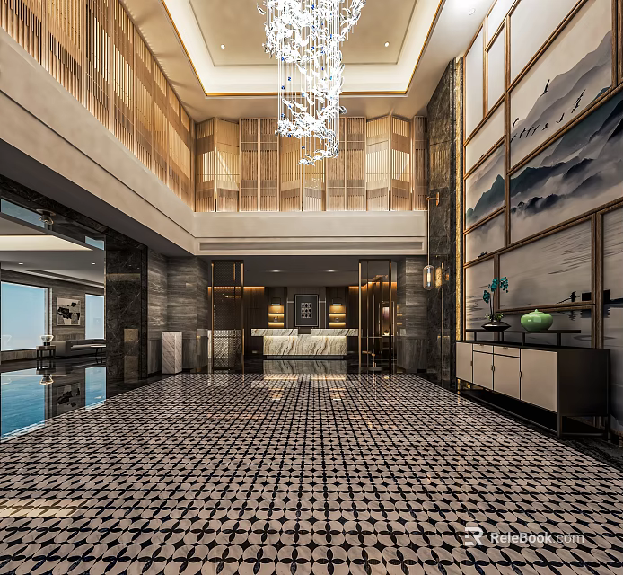Modern Luxury Hotel Lobby With Marble Floor Crystal Chandelier Decorative Paintings And Open Reception Area 3d model 