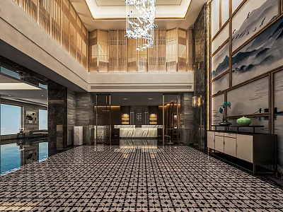 Modern Luxury Hotel Lobby With Marble Floor Crystal Chandelier Decorative Paintings And Open Reception Area 3d model
