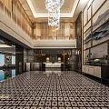 Modern Luxury Hotel Lobby With Marble Floor Crystal Chandelier Decorative Paintings And Open Reception Area