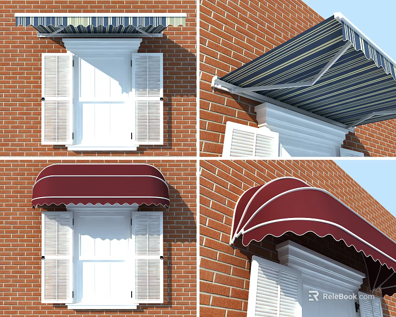 Stylish Window Awnings with Striped and Curved Designs Over Red Brick Wall 3d model 