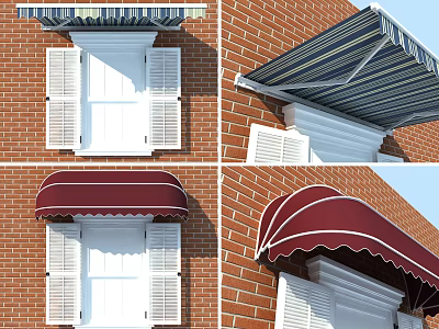 Stylish Window Awnings with Striped and Curved Designs Over Red Brick Wall 3d model