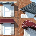 Stylish Window Awnings with Striped and Curved Designs Over Red Brick Wall