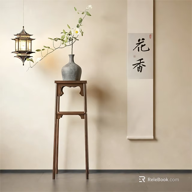 Chinese Flower Stand with Gray Vase Green Foliage Traditional Lantern and Scroll with Hua Xiang 3d model 