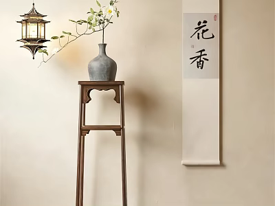 Chinese Flower Stand with Gray Vase Green Foliage Traditional Lantern and Scroll with Hua Xiang 3d model