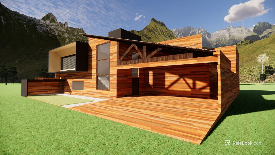Modern Single Family Villa With Wooden Exterior Large Glass Windows Terrace And Mountain Views 3d model 