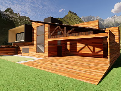 Modern Single Family Villa With Wooden Exterior Large Glass Windows Terrace And Mountain Views 3d model