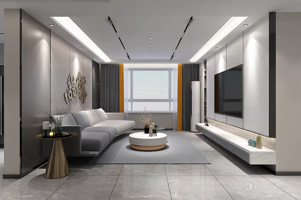 Modern Living Room Interior With Gray Sofa Round Coffee Table TV Wall And Orange Curtains 3d model 
