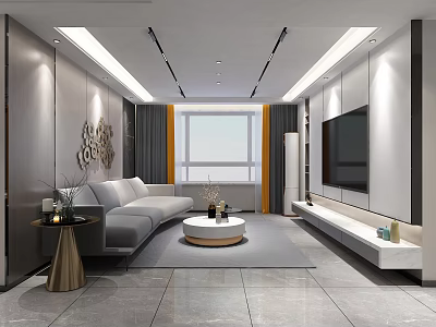 Modern Living Room Interior With Gray Sofa Round Coffee Table TV Wall And Orange Curtains 3d model