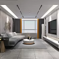 Modern Living Room Interior With Gray Sofa Round Coffee Table TV Wall And Orange Curtains